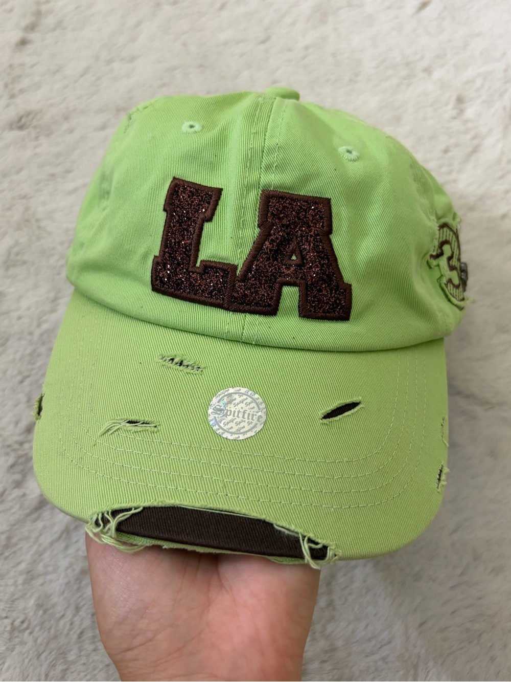 Spitfire LA Distressed Baseball Cap Y2K Glitter Varsity Grunge Hat Green